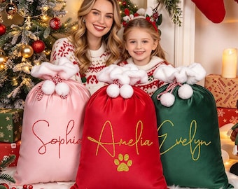 Personalized Santa Sack with Name, Embroidered Christmas Gift Bag, Reusable Xmas Present Sack for Kids, Family Holiday Gift
