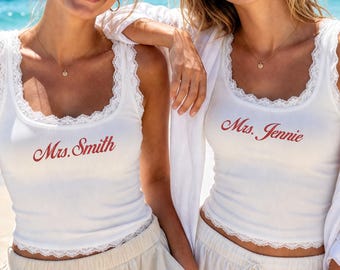 Personalized Bride Crop Tank | Custom Embroidered Last Name, Lace Trim