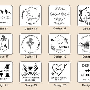 以下が含まれることがあります： 24種類の異なる結婚式のスタンプデザインのセット。デザインは、山、花、ハート、イニシャルなど、さまざまなテーマを取り入れています。スタンプのテキストには、「Denise & Adelina」の名前と結婚式の日付が含まれています。