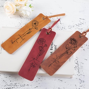 Personalized Leather Bookmark: Engraved Birth Flower Reader Gift
