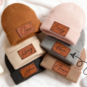 Custom Newborn Baby Beanie: Personalized Knit Hat with Engraved Leather Name Patch, Christmas Gifts