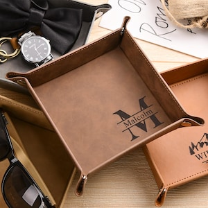 Custom Leather Valet Tray, Personalized Catchall for Men, Father&#39;s Day Gifts for Him, Leather Tray for Dad, Initial Engraved Valet Organizer