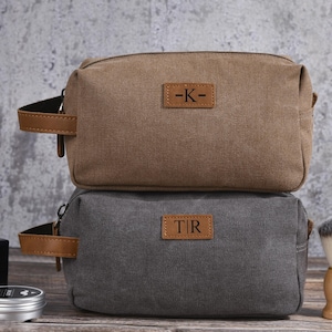 Trousse de toilette de voyage portable en toile pour homme de grande capacité, kit Dopp en cuir gravé personnalisé, cadeau personnalisé pour lui, idées cadeaux de Noël