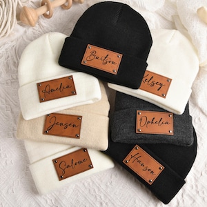 Newborn Baby Beanies,Leather Patch Beanies for Baby,Personalized Name Beanies,Infant Beanie Hat,Toddler Knitted Winter Hat,Baby Shower Gift