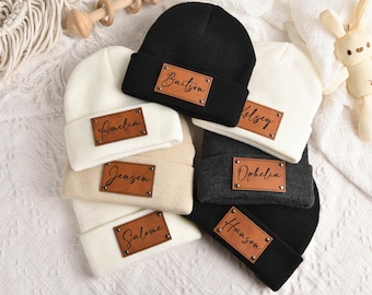 Newborn Baby Beanies,Leather Patch Beanies for Baby,Personalized Name Beanies,Infant Beanie Hat,Toddler Knitted Winter Hat,Baby Shower Gift