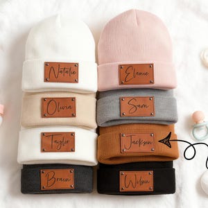 Gorro de bebé personalizado con parche de cuero: gorro de invierno de punto para bebés y niños pequeños, regalos personalizados para bebés