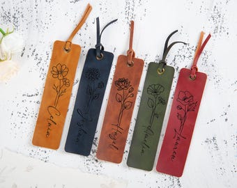 Personalized Leather Bookmark: Custom Engraved Name, Birth Month Flower Gift