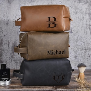 Kit Dopp en cuir gravé au laser pour homme, grande capacité, trousse de toilette personnalisée, cadeau personnalisé pour garçons d'honneur, sacs de rangement de voyage, gifs de Noël