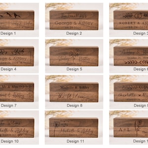 Puede incluir: Doce dise&ntilde;os diferentes para cajas de anillos de madera. Cada caja est&aacute; hecha de madera marr&oacute;n oscura y presenta una inscripci&oacute;n personalizada con nombres y fechas. Los dise&ntilde;os incluyen varios temas como monta&ntilde;as, flores y texto simple.