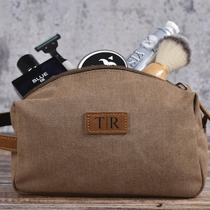 Kit Dopp en toile lavée, kit de rasage personnalisé, cadeau garçon d'honneur, trousse de voyage pour homme, trousse de toilette avec patch en cuir, cadeau de Noël pour papa