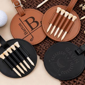 Étiquette de sac de golf en cuir personnalisée avec tés : cadeau de golf gravé