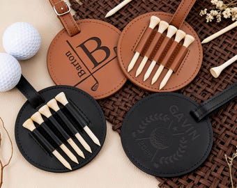 Personalized Leather Golf Bag Tag with Tees: Engraved Golf Gift