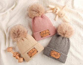 Personalized Pom-Pom Beanie with Name Patch - Knit Baby/Adult Hat