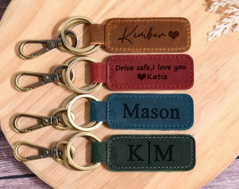 Personalized Leather Keychain, Engraved Initial Key Fob, Anniversary Gift