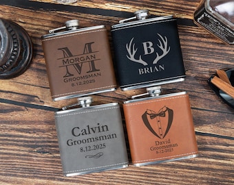 Personalized Leather Flask for Men: Laser Engraved Hip Flask, Stainless Steel Groomsmen Gift