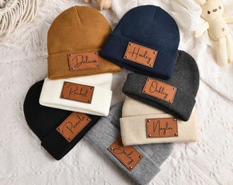 Custom Newborn Beanie for Babies: Engraved Leather Name Patch, Knitted Winter Hat, Personalized Gift