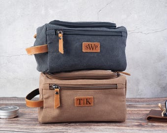 Personalized Canvas Dopp Kit: Engraved Leather Toiletry Bag, Groomsman Gift