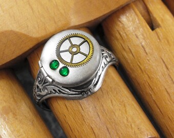 Silver Locket Ring Emerald Green Brass Gear - Clockwork Envy by COGnitive Creations