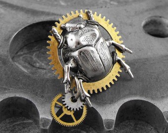 Steampunk Beetle Silver Brass Tie Tack Pin - Keep On Crawling by COGnitive Creations