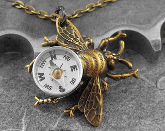 Steampunk Compass Bee Golden Necklace - Flight of the Travelling Bumblebee by COGnitive Creations