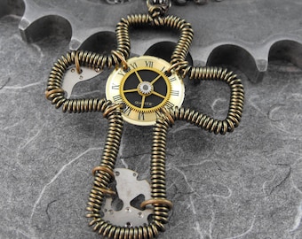 Steampunk Golden Cross Necklace - The Steam Clock Crucifix by COGnitive Creations