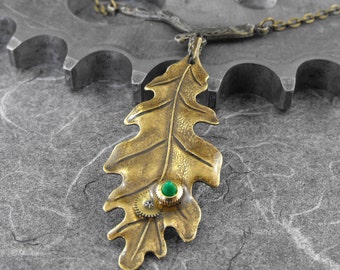 Steampunk Green on Brass Leaf Necklace- Sun Kissed Leaf of Time by COGnitive Creations