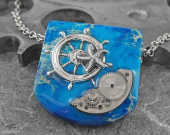Steampunk Sailor Blue Jasper Stone Pendant - Sailing Away From the Safe Harbor by COGnitive Creations