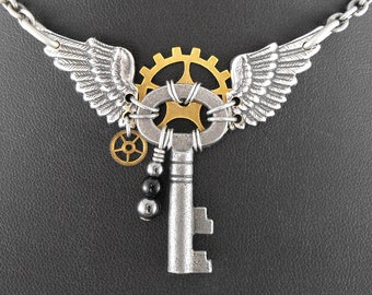 Steampunk Winged Angel Key Necklace - Tiny Guardian Angel of the Machina by COGnitive Creations