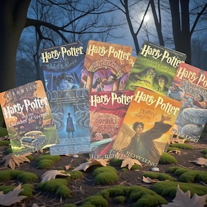May include: A collection of seven Harry Potter book covers, featuring titles like "Harry Potter and the Sorcerer's Stone" and "Harry Potter and the Deathly Hallows." The covers display illustrations and the author's name, J.K. Rowling, with a forest background.