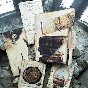 Efemere ongewenste tijdschriften. 4-delige set. Minidagboek, paginamarkering, luciferboekjes en uitklapbare dagboekkaart met bedel. Harry Potter Tovenaar V.1