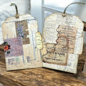 Objetos de diário. 2 bolsos com etiquetas removíveis. 6 peças no total. Feito à mão. Bolsos com cartões de diário. Bolso de arquivo vintage.