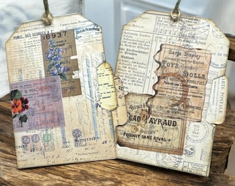 Junk Journal Ephemera.  2 pockets with pull out tags. 6 pieces total. Handmade. Pockets with journal cards. Vintage File Pocket