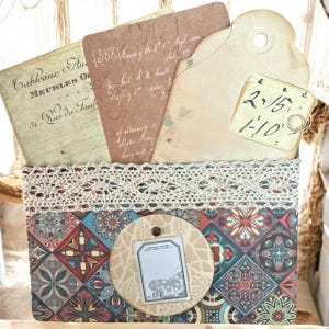 Junk Journal Ephemera.  Journal pocket with journal cards. Authentic vintage material. Boho style pockets.