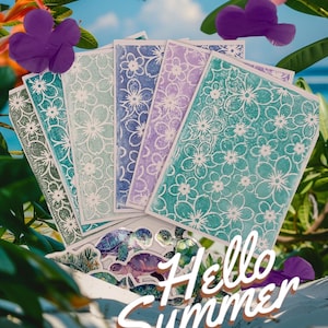 Blanco Hawaiiaans geïnspireerde aquarel wenskaart set van 6. Gratis inspiratie envelopstickers.