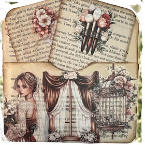 Objetos de diário de sucata. Bolso para diário com cartões de diário. Objetos de rosas. Bolso de rosas para diário de sucata.