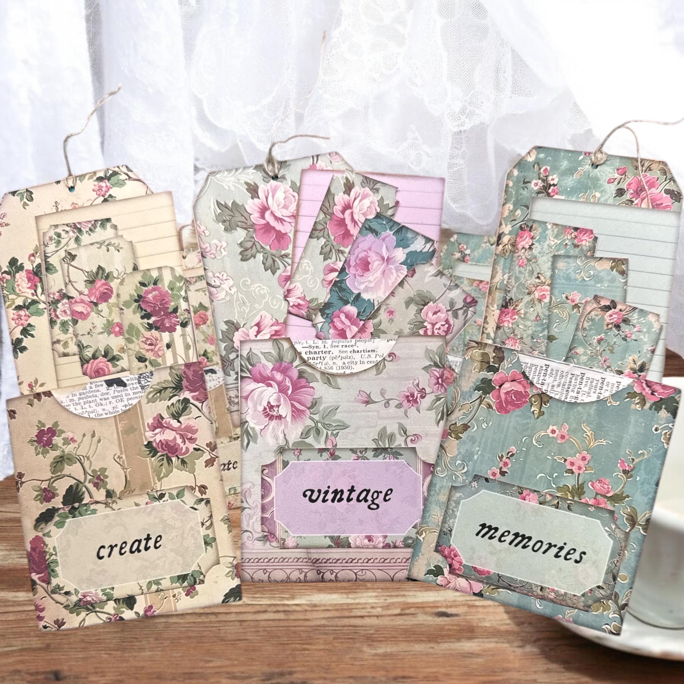 Junk Journal Ephemera. 3 vintage pockets with pull out tags and tickets. 6 pieces with each pocket total of 18 pieces in this packet.