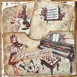 Objetos de diário de sucata. Bolso para diário com cartões de diário. Tema musical. Bolso musical para diário de sucata.