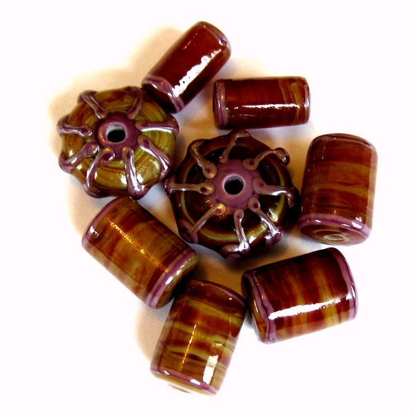 Handmade Lampwork Glass Tube Beads and Pinwheels Set Caramel Golden Brown