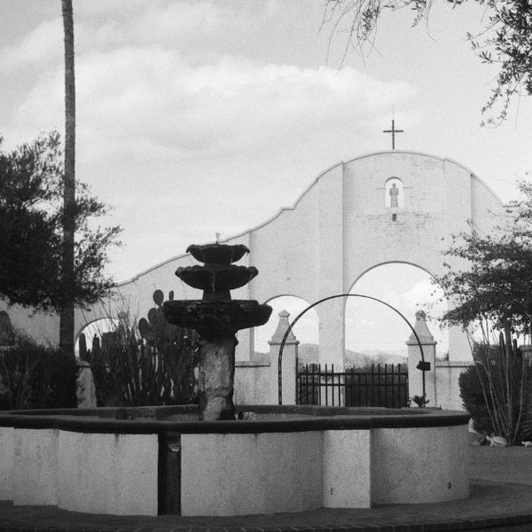 San Xavier del Bac Mission Digital Download, Black and White 35mm Film Printable, Arizona Travel Photography, Desert Wall Decor for Home