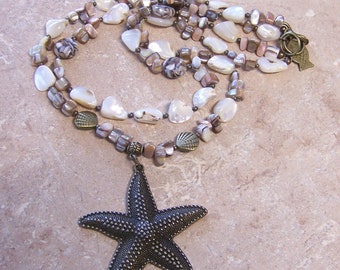 Starfish Pendant Necklace and Earring Set with Mother of Pearl  - 2 Strand