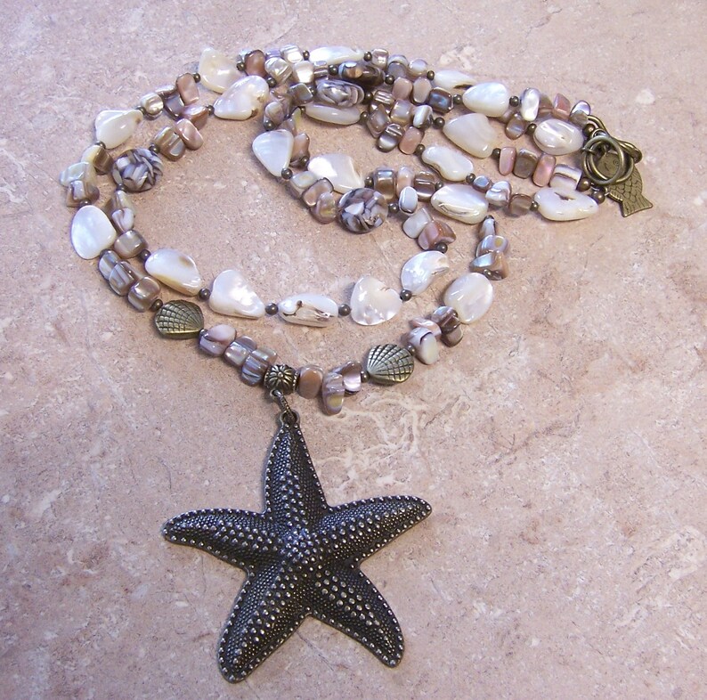 Starfish Pendant Necklace and Earring Set with Mother of Pearl 2 Strand image 1