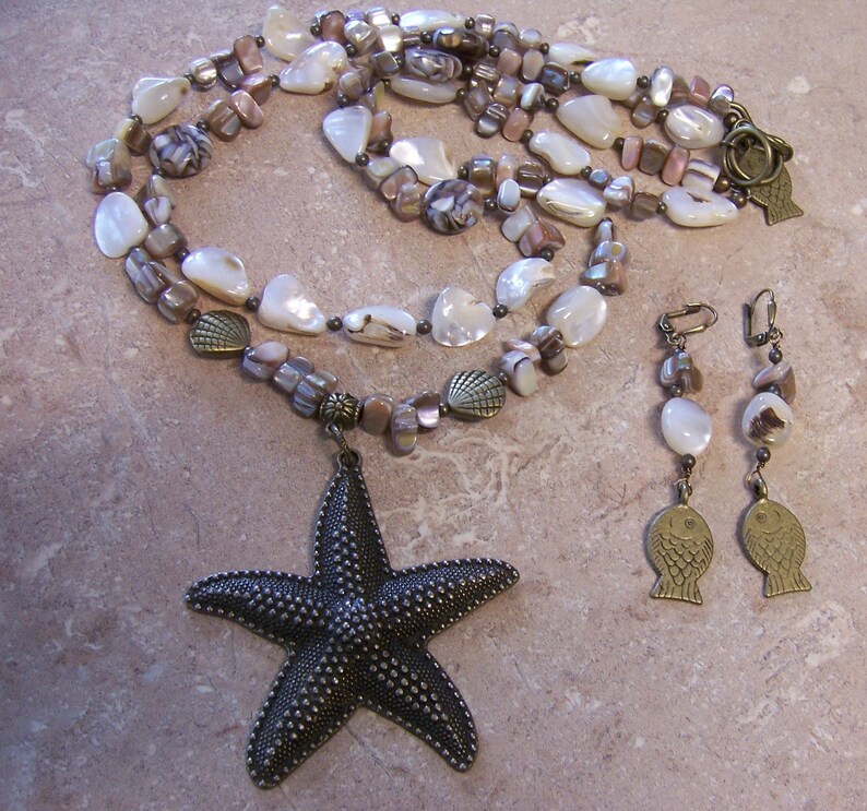 Starfish Pendant Necklace and Earring Set with Mother of Pearl 2 Strand image 3