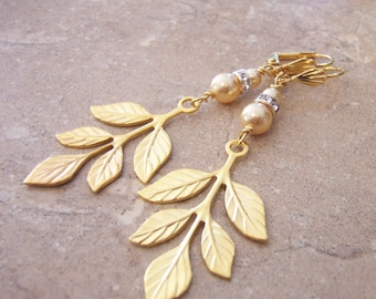 Golden Leaf Earrings with Swarovski Pearls and Crystals