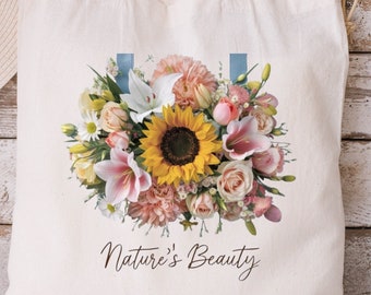 Bolso de mano de flores, bolso de flores silvestres, bolso de naturaleza, bolso de compras, ramo de flores, bolsos de flores de flores silvestres, bolsos de patrón botánico, canva de flores