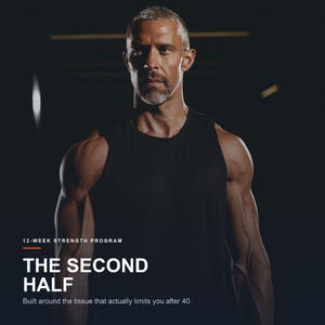 May include: A black sleeveless athletic shirt worn by a person with a muscular build. The image features white text that reads 12-WEEK STRENGTH PROGRAM, THE SECOND HALF, and Built around the tissue that actually limits you after 40.