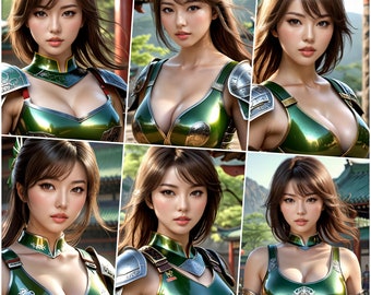 Realistic AI Girl | The warrior woman of the Asian dynasty | 35 Portraits (Collection pack) |  High Quality 300DPI Images | #green edition