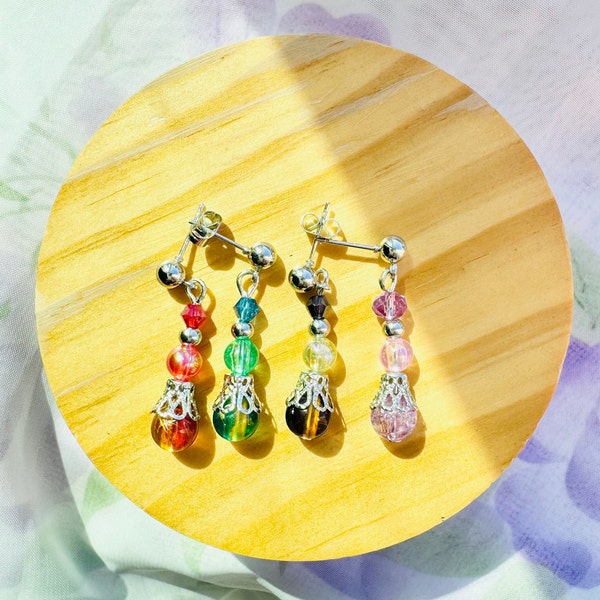 Colorful glass beads dangle drop earrings, handmade earrings, fun summer earrings, gift for her