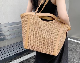 Straw Raffia Bag, Crochet Tote Bag, Summer Beach Bag, Raffia Boho Shoulder Bag, Handmade Top Handle Bag