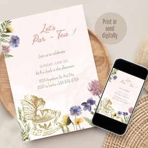 Grillige Fairy Tea Party-uitnodiging: aquarelbloemen, bewerkbare canvassjabloon (digitale download)