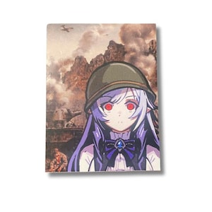 May include: A rectangular print featuring an anime-style character with purple hair, red eyes, and a military helmet. The background depicts a war scene with tanks, aircraft, and explosions. The character wears a blue bow.